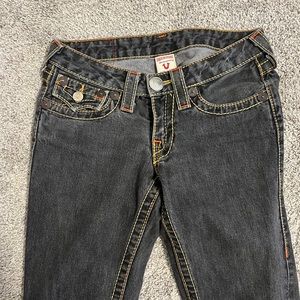 True Religion Flare Jeans. Dark grey wash. Inseam is 33.5”